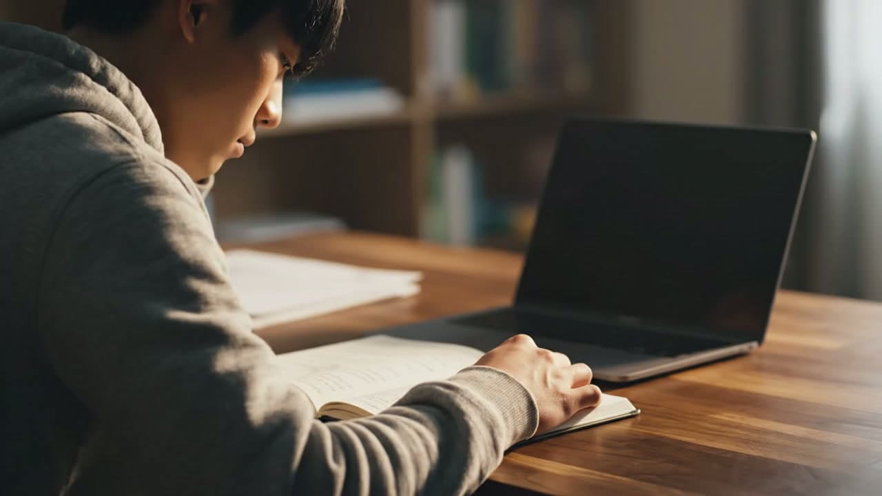 Over-the-shoulder view of a student making decisions